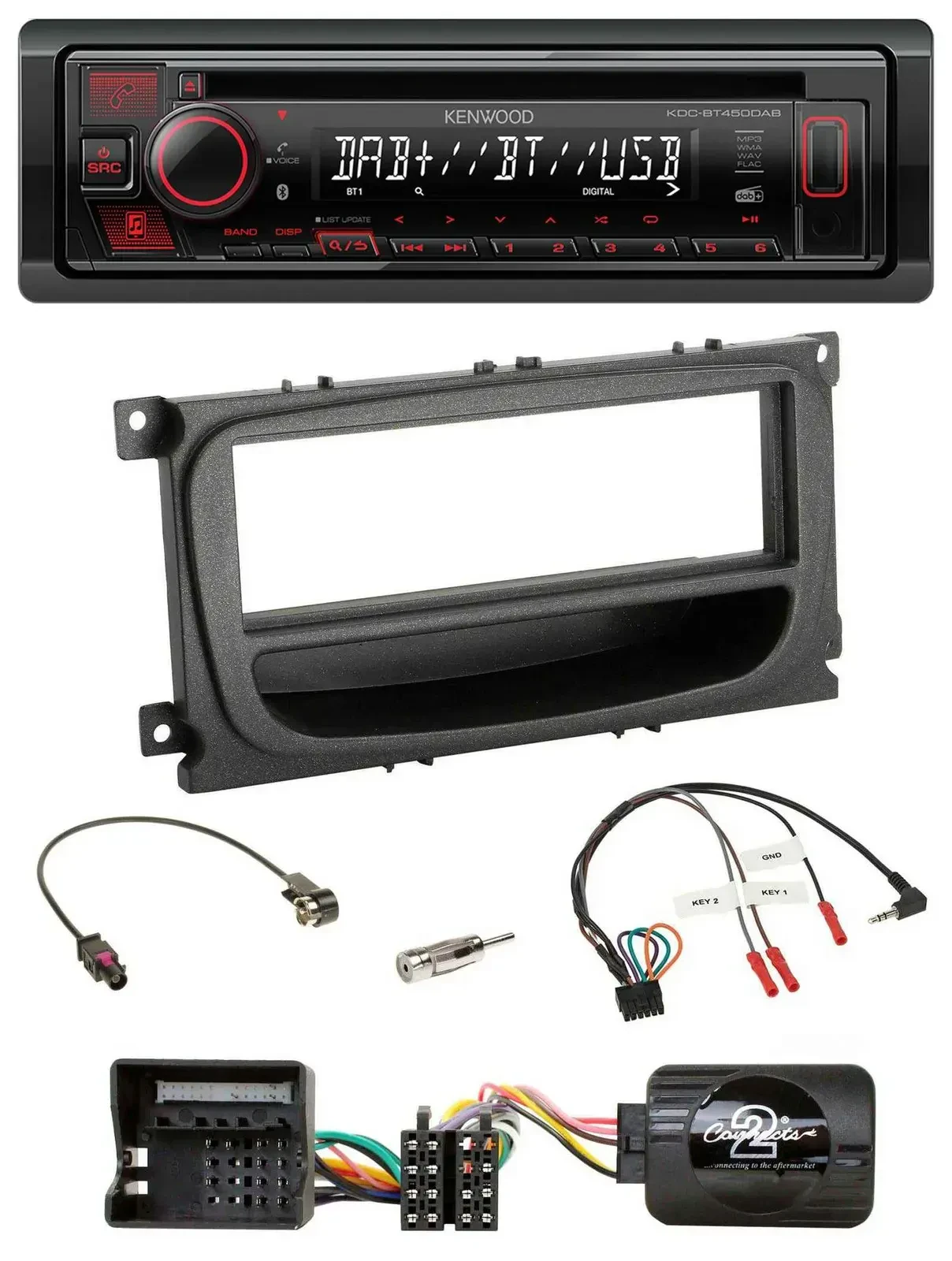 Автомагнитола Kenwood CD, USB, Bluetooth, DAB для Ford Mondeo/S-Max 2007–2014 черная