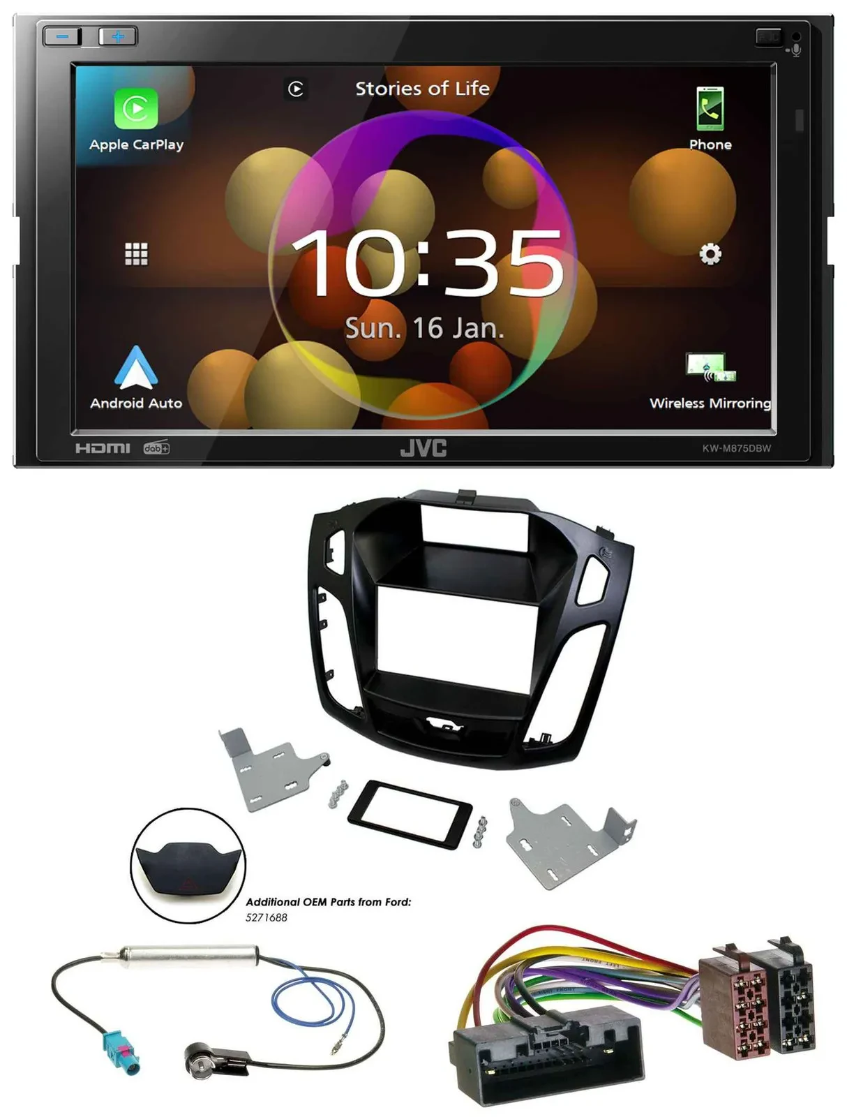 JVC DAB MP3 2DIN Bluetooth USB Autoradio für Ford Focus 2014-2018 schwarz