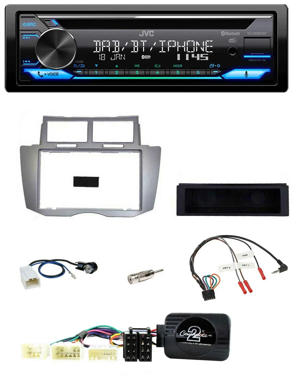 JVC Bluetooth Lenkrad USB DAB CD Autoradio für Toyota Yaris 2007-2011 silber