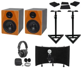 2 Rockville DPM5C 5.25" 300w Active Studio Monitors+Stands+Headphones+Mic+Shield