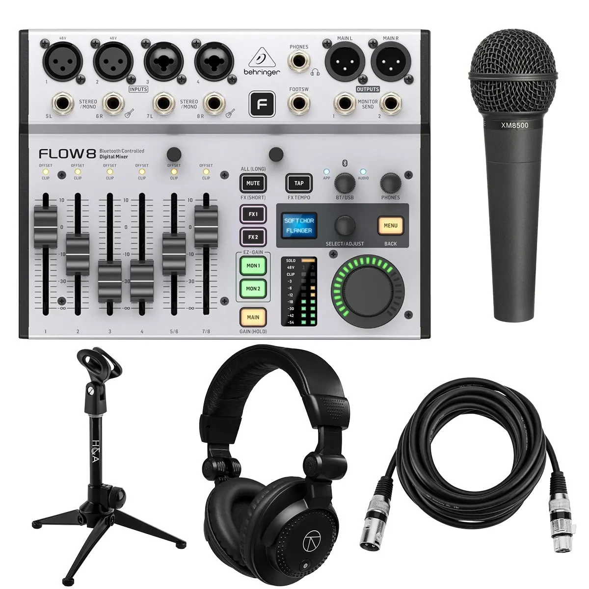 Behringer FLOW 8 8-Input Digital USB Audio Mixer, Bundle with ULTRAVOICE XM8500
