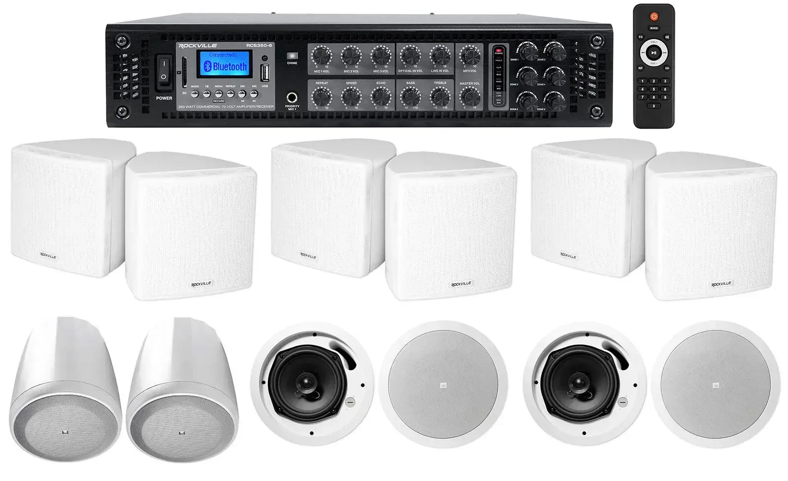 Трансляционный усилитель Rockville RCS350-6+Cube 70v+Control 65P/T-W PACK2 с комплектом акустики