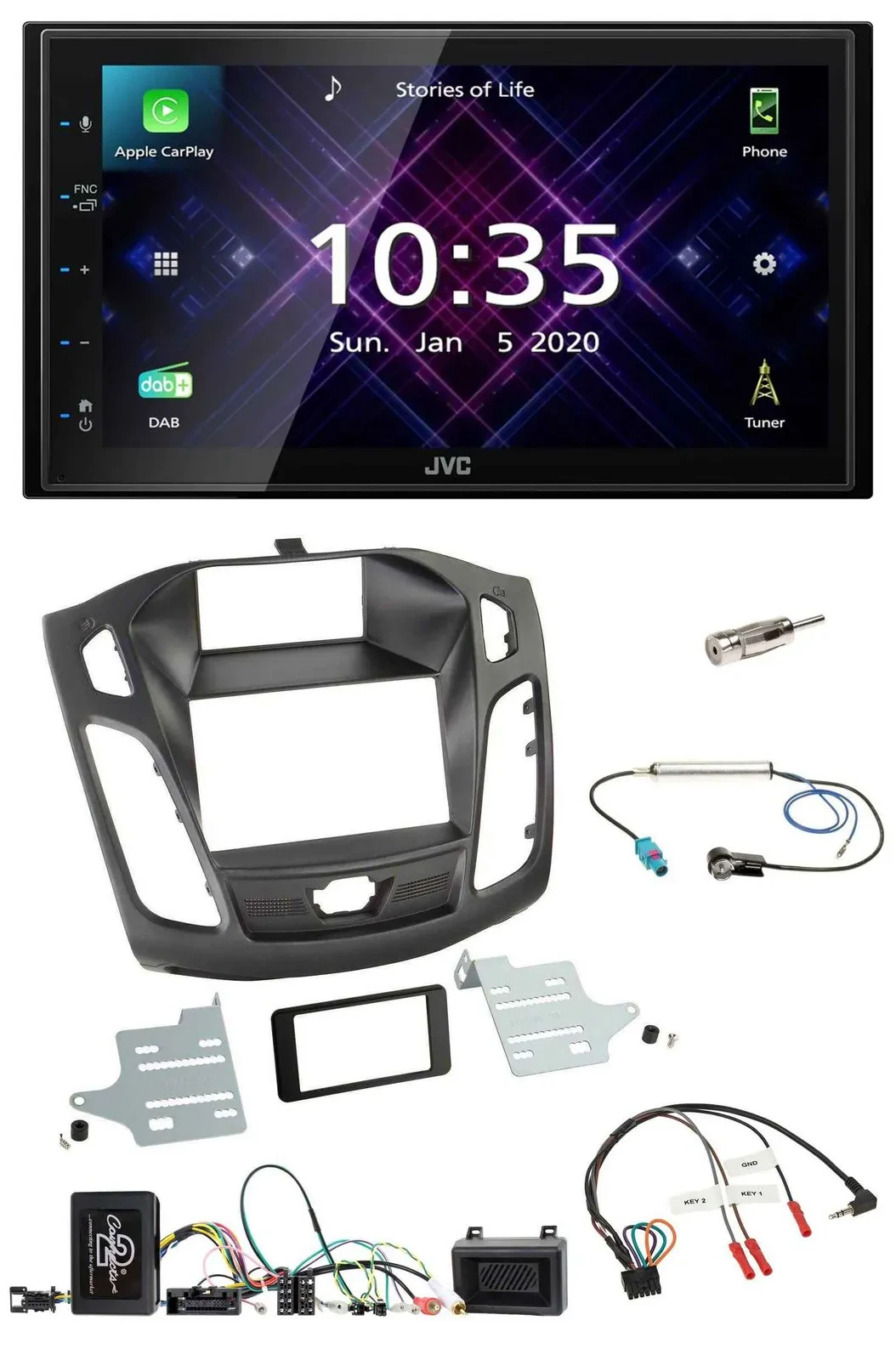 Автомагнитола для Ford Focus JVC 2DIN DAB, Bluetooth, USB (поддержка управления на руле)