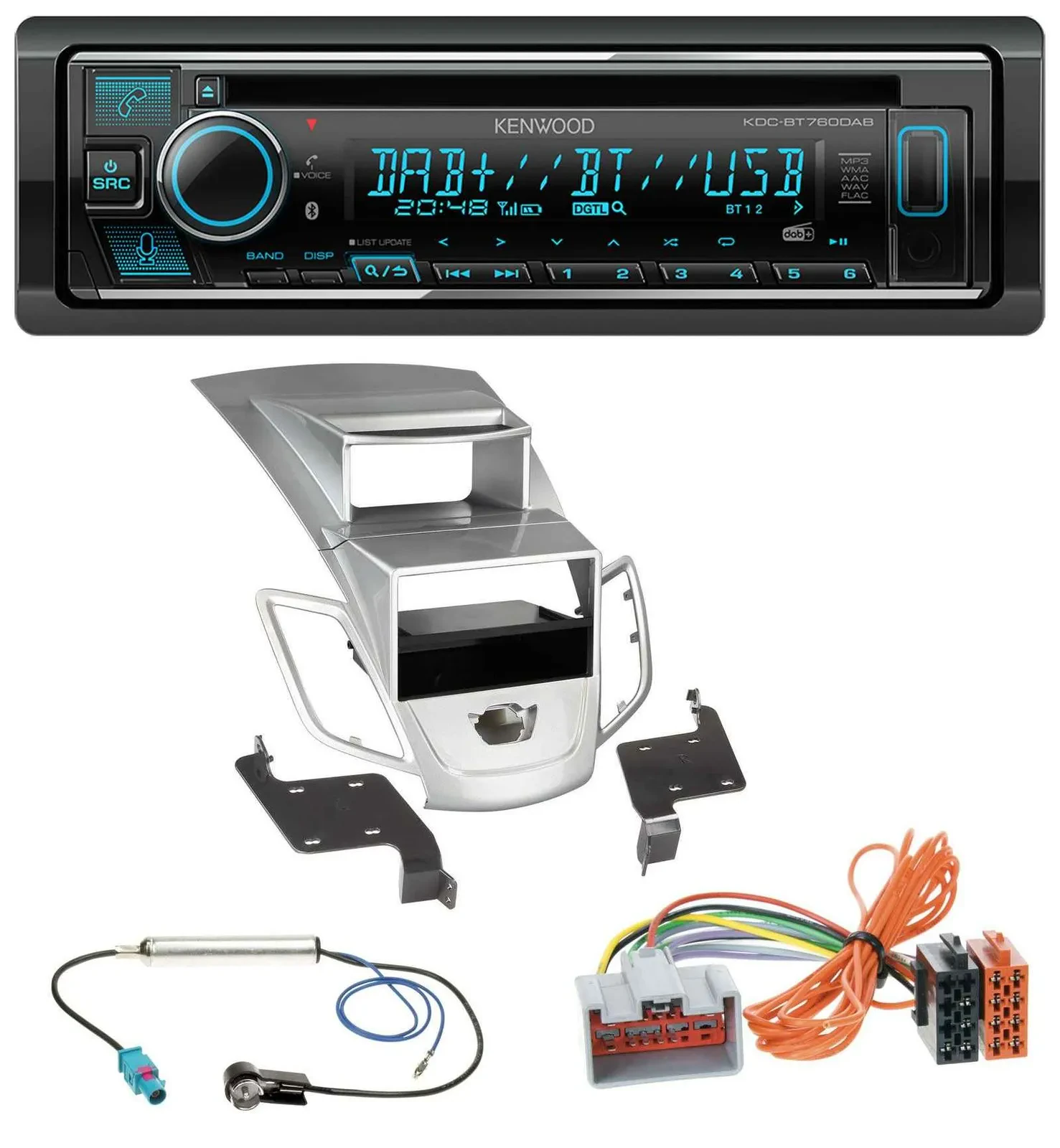 Kenwood MP3 Bluetooth DAB USB CD Autoradio für Ford Fiesta Display 08-10 silber