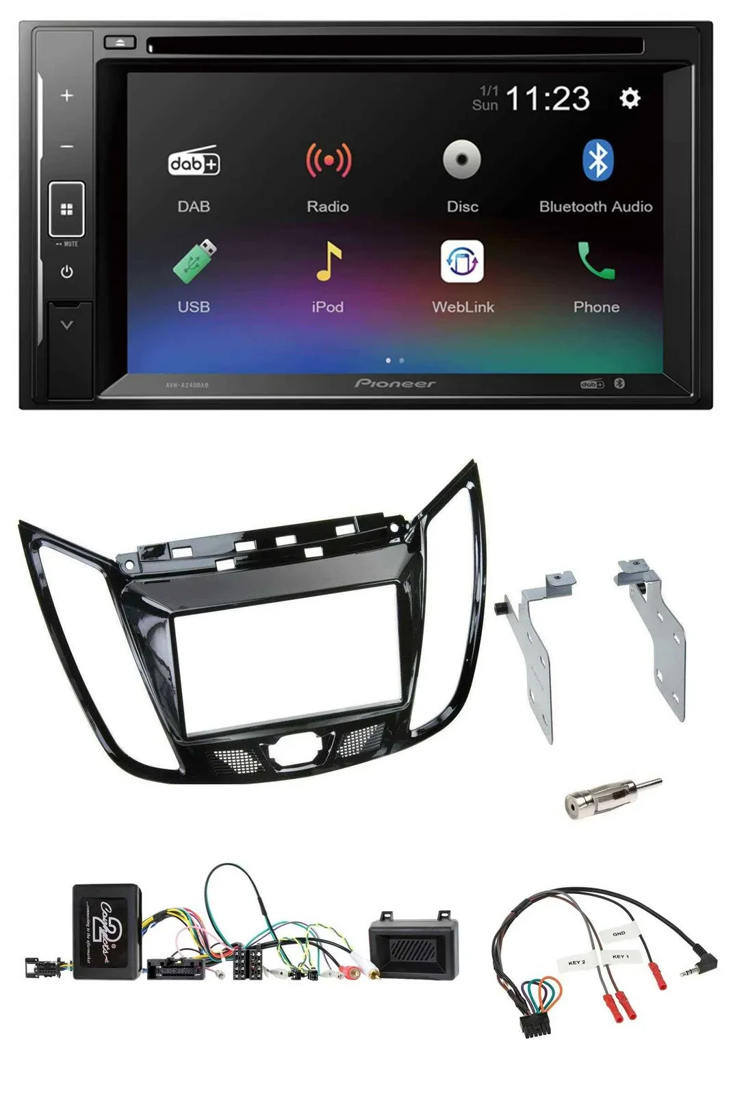 Pioneer Bluetooth Lenkrad USB 2DIN DAB DVD Autoradio für Ford C-Max Kuga Klavier