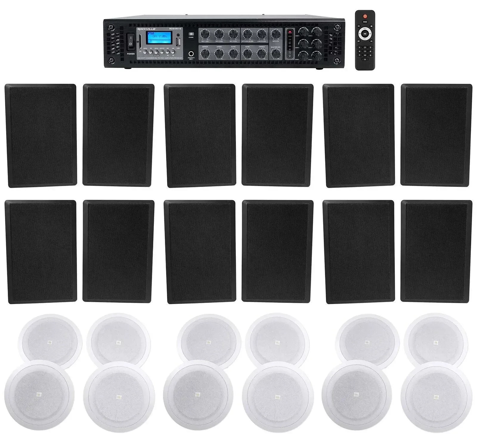 Трансляционный усилитель Rockville RCS180-6+(6) Rock Slim 70B+(3) 8128 с комплектом акустики