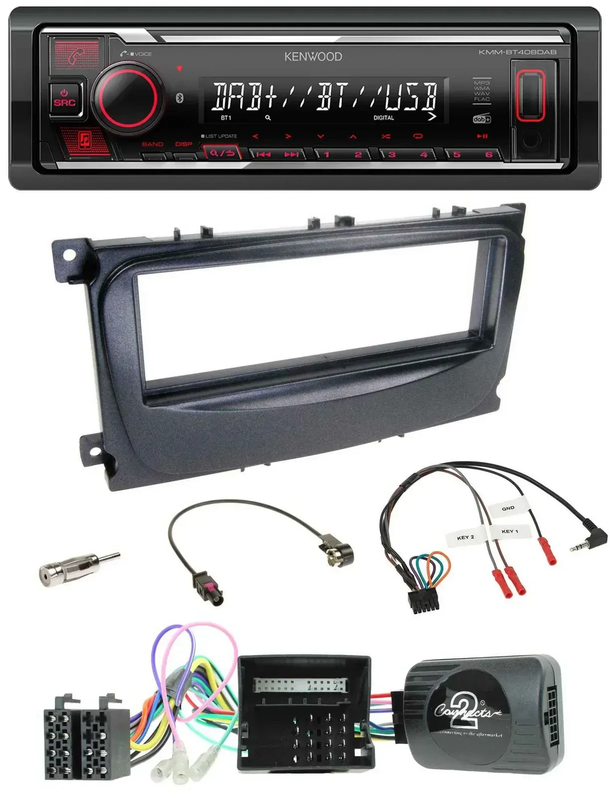 Автомагнитола Kenwood Bluetooth, USB, DAB, для Ford C‑Max/Focus 2007–2010, чёрная