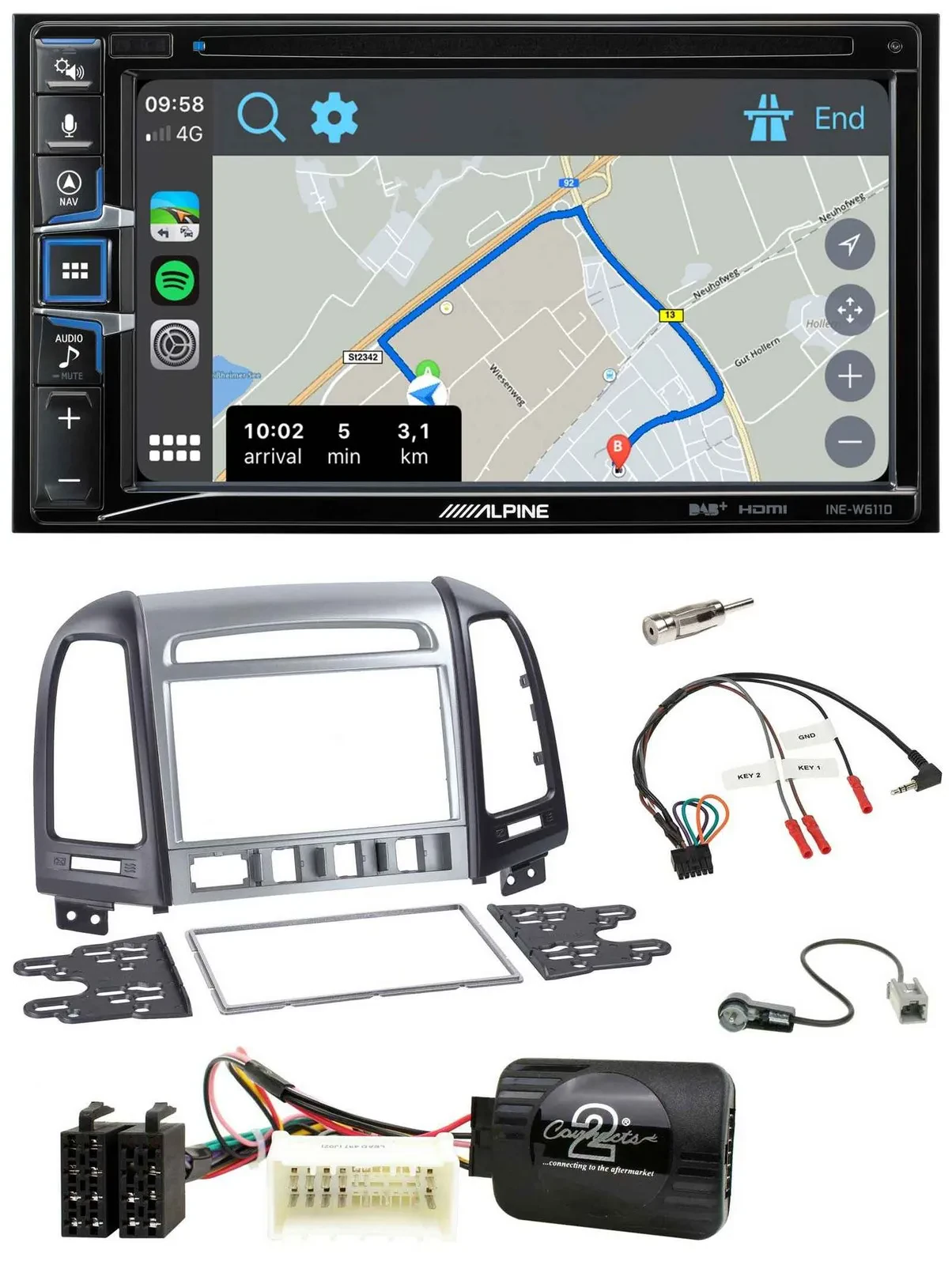 Alpine DAB TMC Bluetooth 2DIN USB Lenkrad Navigation für Hyundai Santa Fe 4 Scha