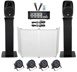 DJ Package w/15" Speakers+Bluetooth Mixer+Mics+Totem Stands+Facade+Lights