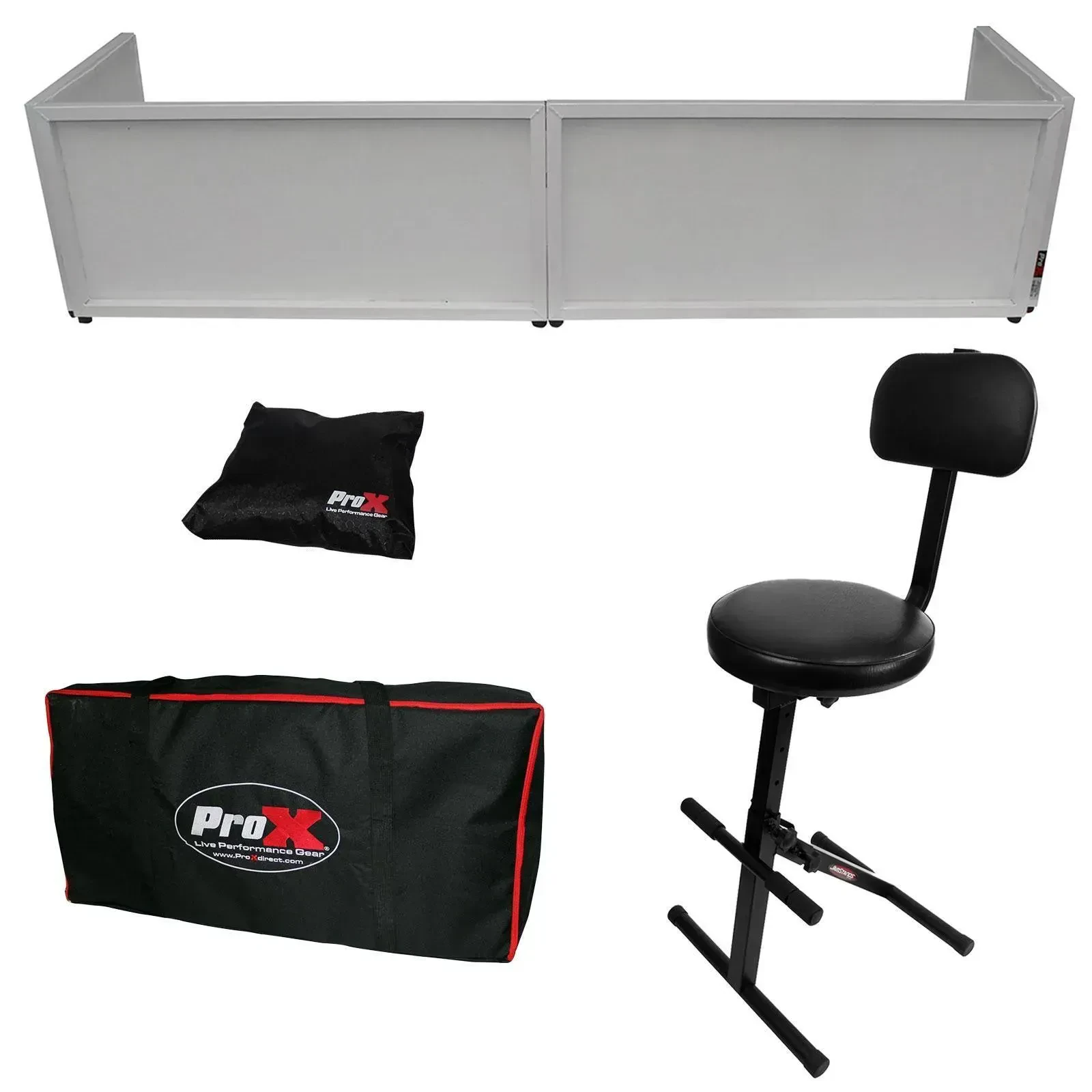 ProX White Trim 6ft Table Top DJ Facade Frontboard w/ Scrim, Travel Bag + Chair