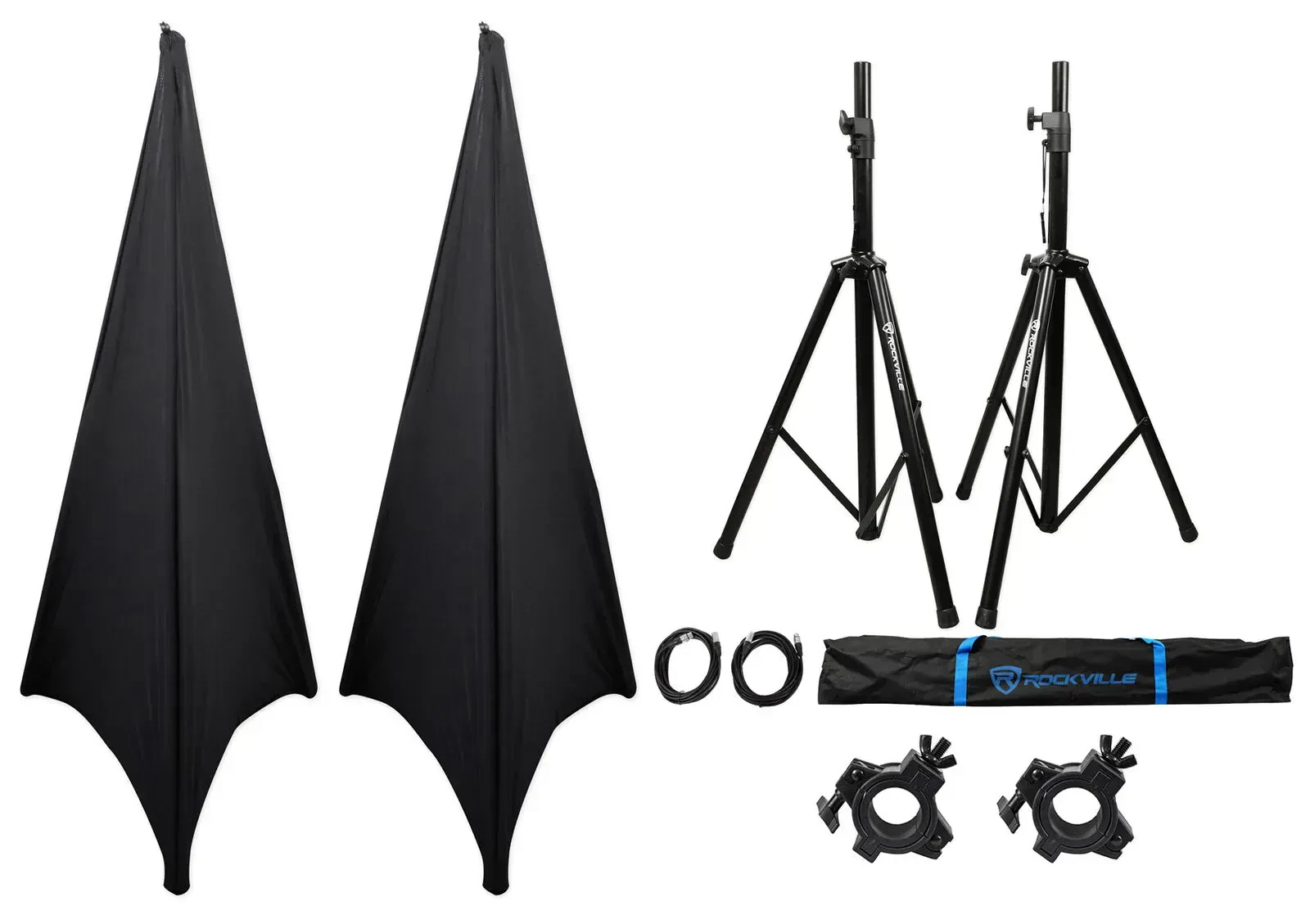 Стойки для акустических систем для DJ Rockville RVSS2-XLR (набор, пара) с XLR-кабелями, черными чехлами Scrim Werks, сумкой для переноски и 2 зажимами O-CLAMP/1.5