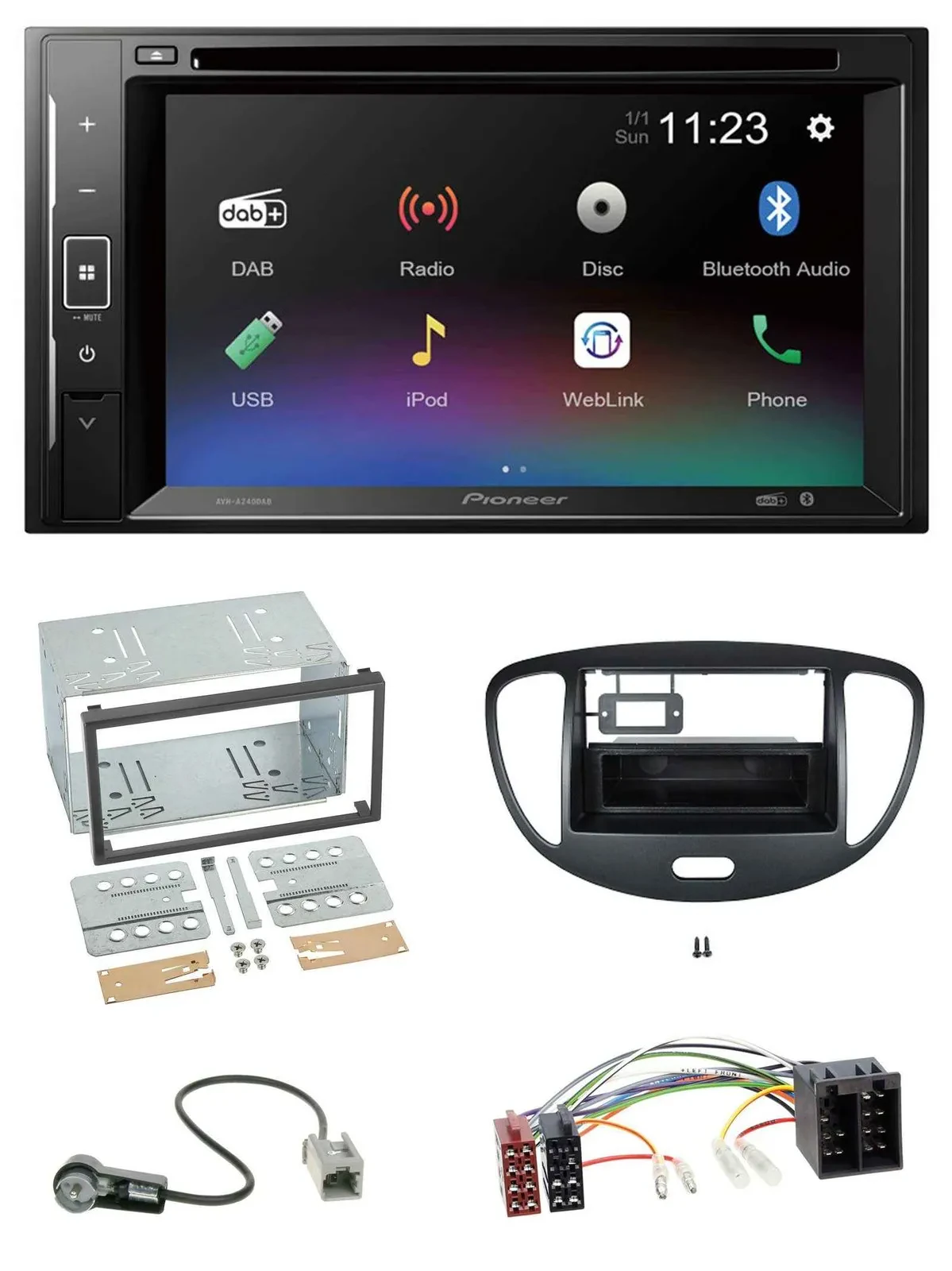 Автомагнитола для Hyundai i10 (2008–2013) Pioneer 2DIN, Bluetooth, MP3, USB, DAB, DVD, чёрная