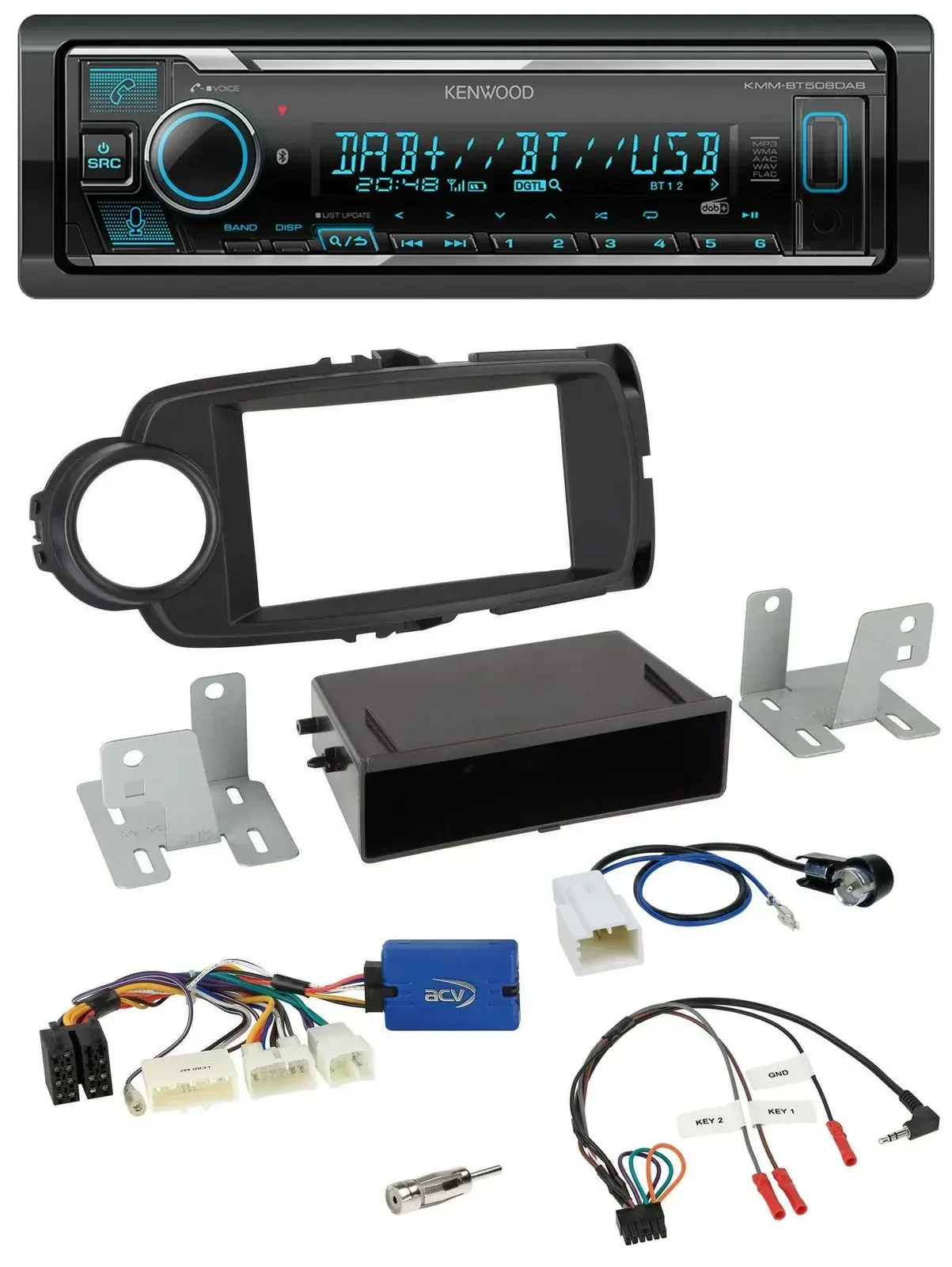 Автомагнитола Kenwood Bluetooth, DAB, USB, поддержка кнопок на руле для Toyota Yaris (с 2014) черная