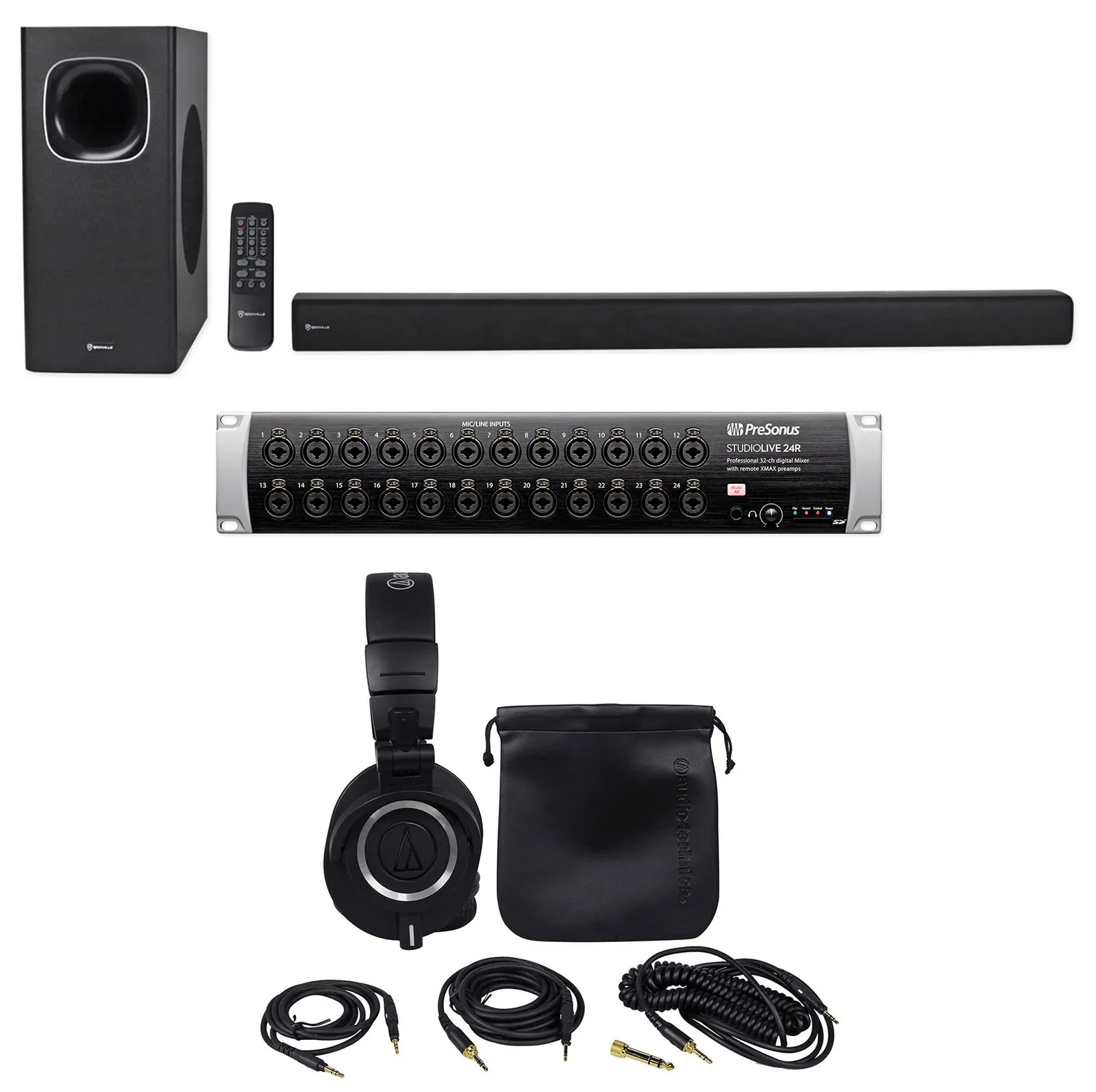 PRESONUS Studiolive 24R Digital Mixer+Audio Technica M50X Headphones+Soundbar