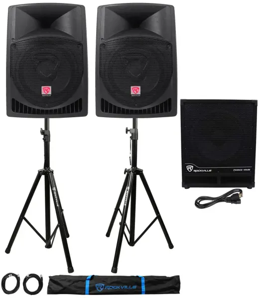 (2) Rockville RPG12 12" Powered PA Speakers+Active 15" Subwoofer+Stands+Cables