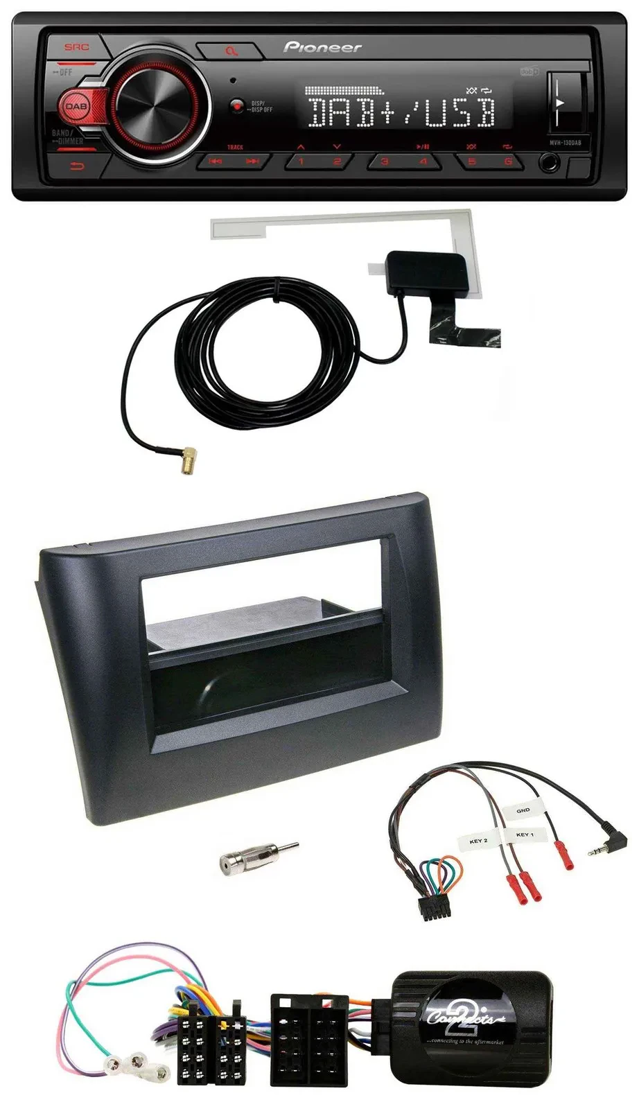 Автомагнитола Pioneer 1 DIN MP3 DAB USB для Fiat Stilo 2001–2007, чёрная, с поддержкой кнопок на руле, с карманом