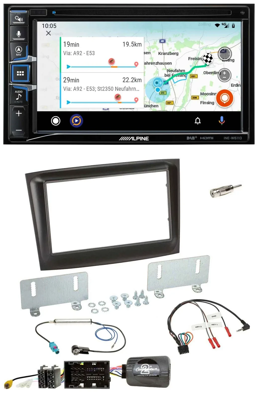 Alpine Bluetooth TMC USB DAB 2DIN Lenkrad Navigation für Fiat Doblo ab 2015 schw