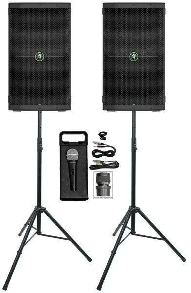 2) Mackie Thump210XT 10" 1400w Powered DJ PA Speakers+Air Assist Stands+Mic