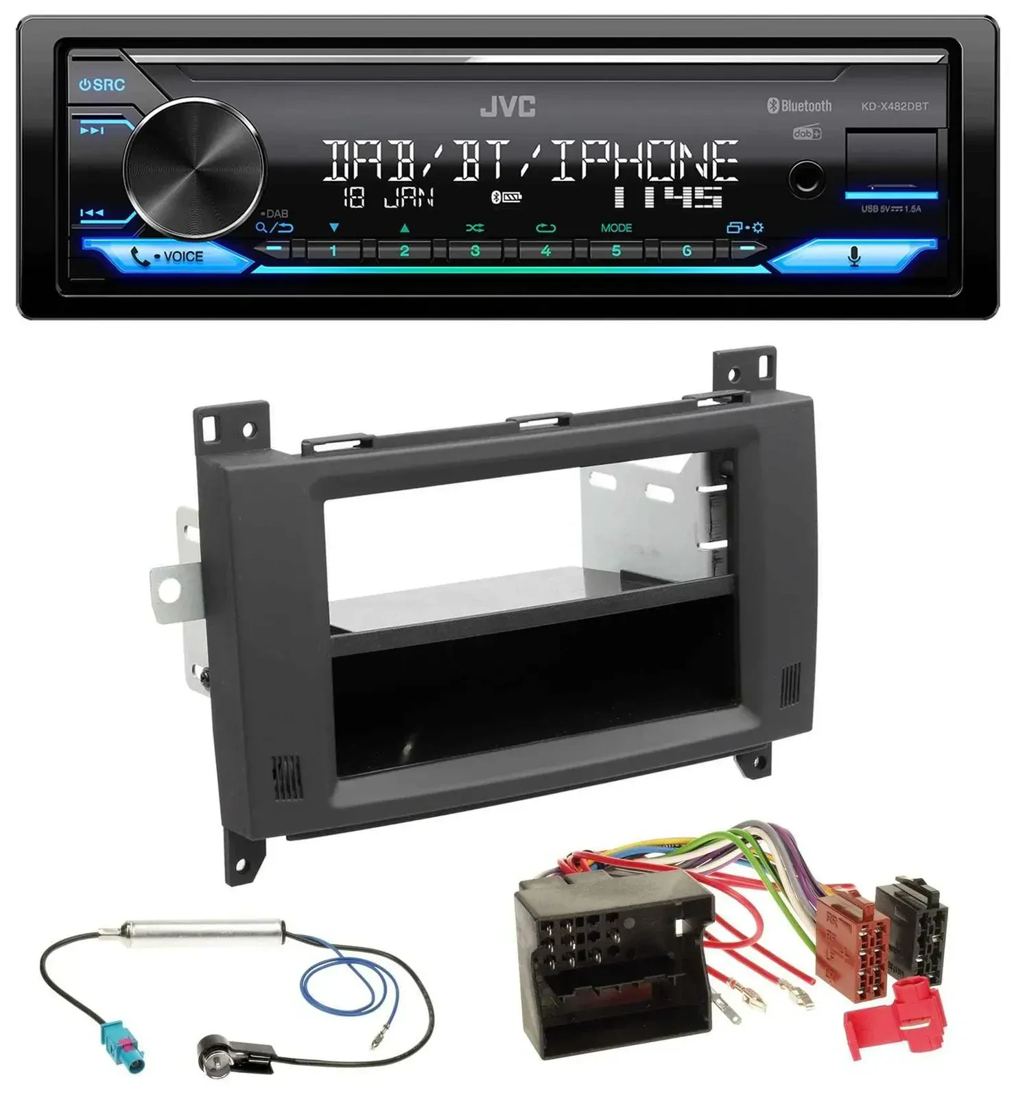 Автомагнитола для Mercedes Vito/Viano (2006–2014) JVC Bluetooth, DAB, USB, MP3, Rubbertouch