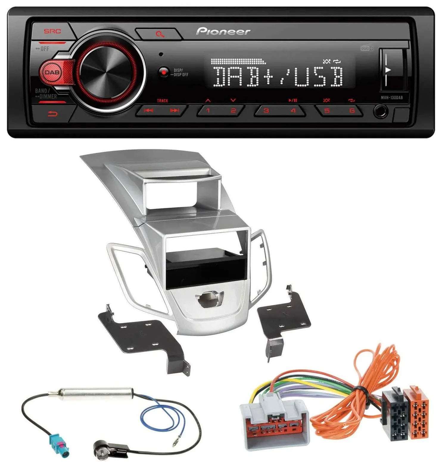 Автомагнитола Pioneer 1DIN DAB USB AUX MP3 для Ford Fiesta (2008–2010), серебристая
