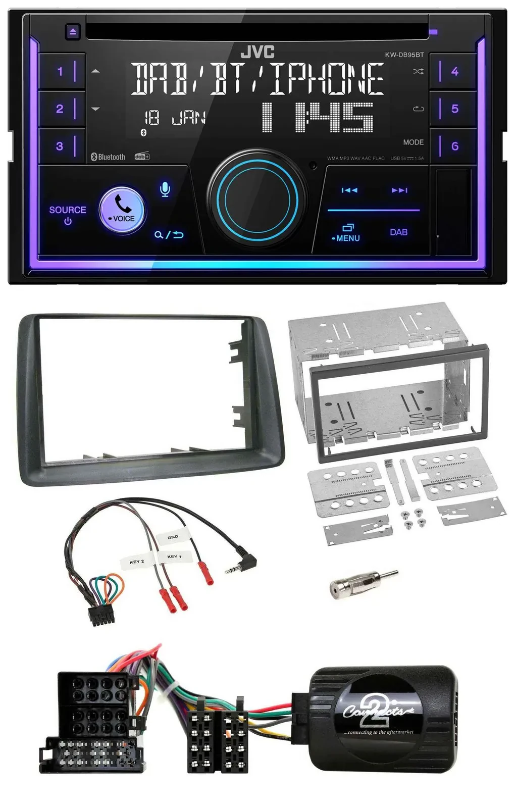 Автомагнитола JVC 2DIN, DAB, Bluetooth, CD, USB, для Fiat Panda 2004–2007, серый