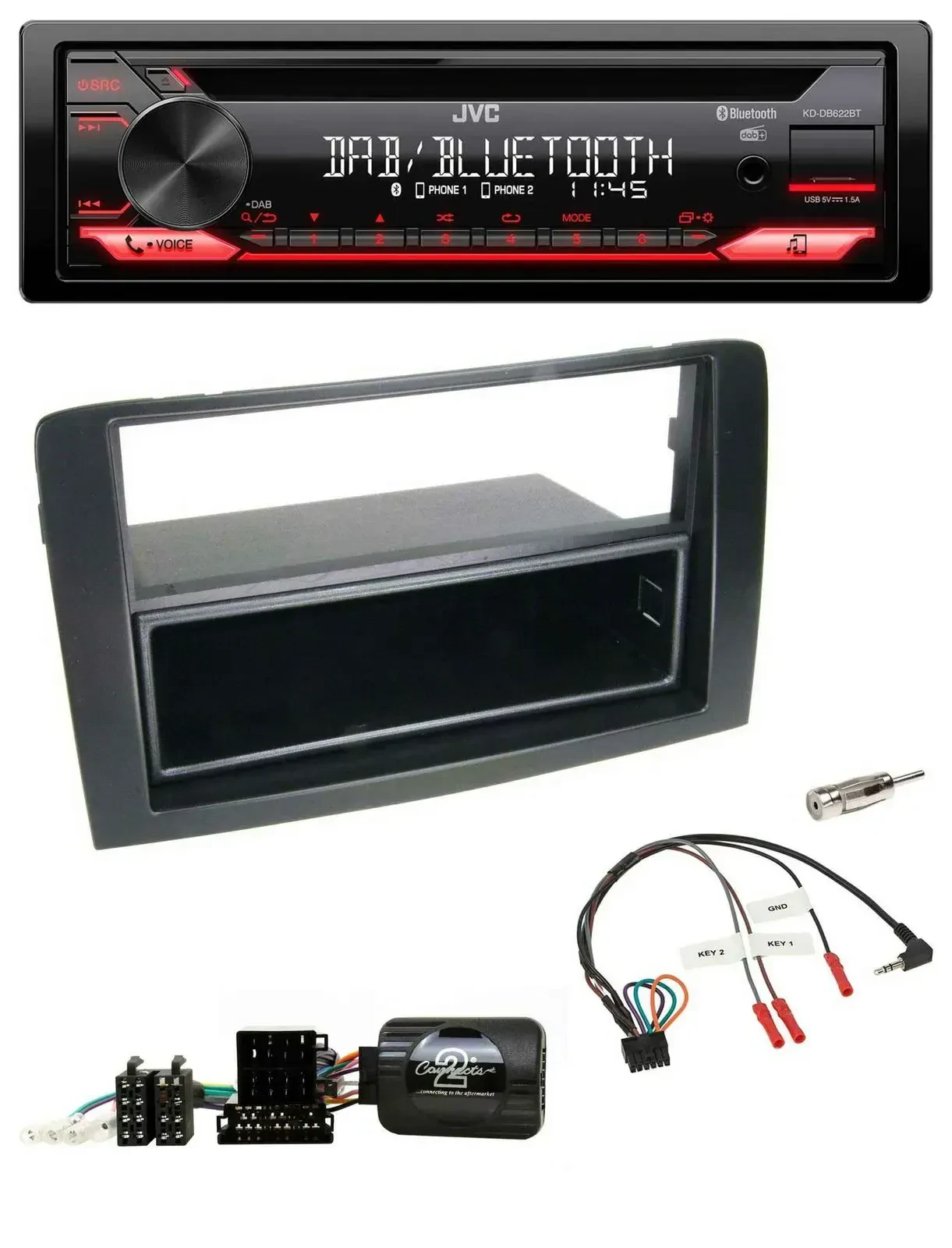 Автомагнитола JVC CD, DAB, USB, Bluetooth, для Fiat Idea 2006–2012, черный, с поддержкой кнопок на руле