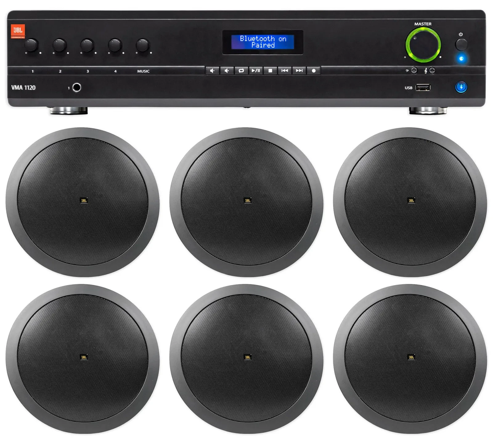 JBL VMA1120 Commercial/Restaurant 120W 70v Amplifier+(6) JBL Black 6.5" Speakers