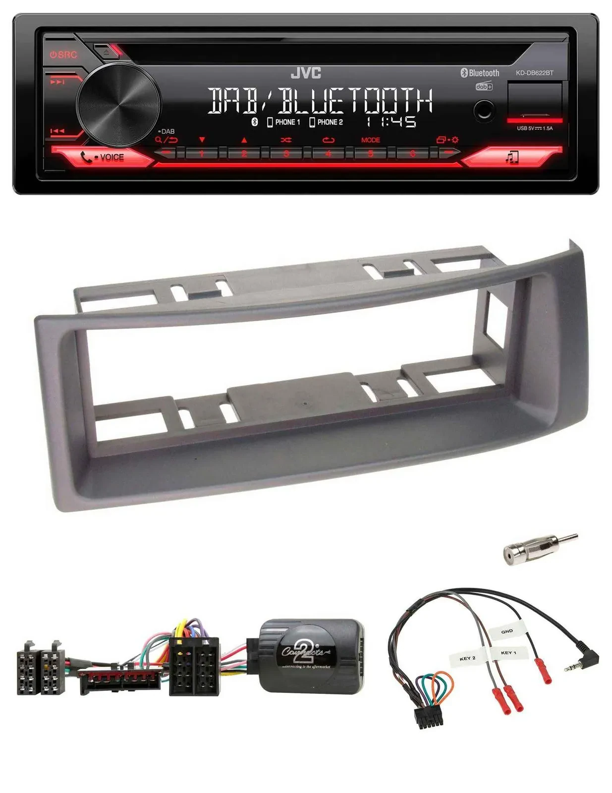 Автомагнитола JVC CD, DAB, USB, Bluetooth, поддержка кнопок на руле для Renault Megane/Scenic (1996–2000), антрацит