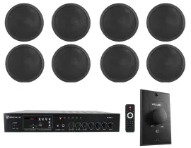 Rockville Commercial Restaurant Amp+(8) 5" Black Ceiling Speakers+Wall Control