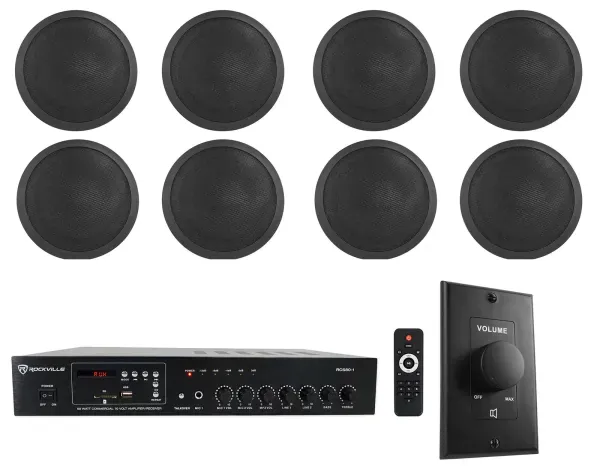 Rockville Commercial Restaurant Amp+(8) 5" Black Ceiling Speakers+Wall Control