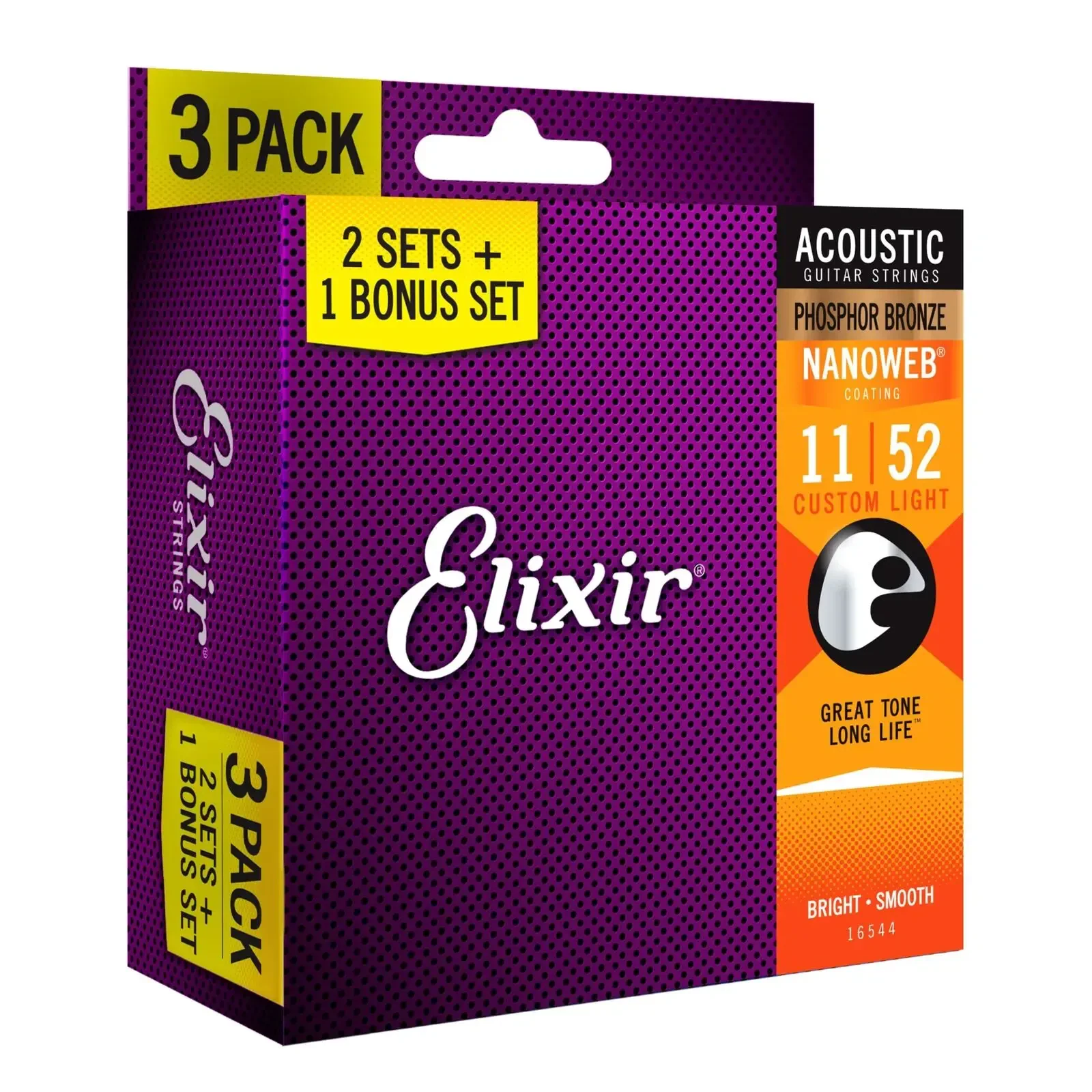 Струны для акустической гитары Elixir 16544 Nanoweb Acoustic Custom Light 11-52 (3-Pack)