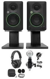 2 Mackie CR3.5 3.5" Studio Monitors w/Tone Control+Mic+Headphones+Desktop Stands