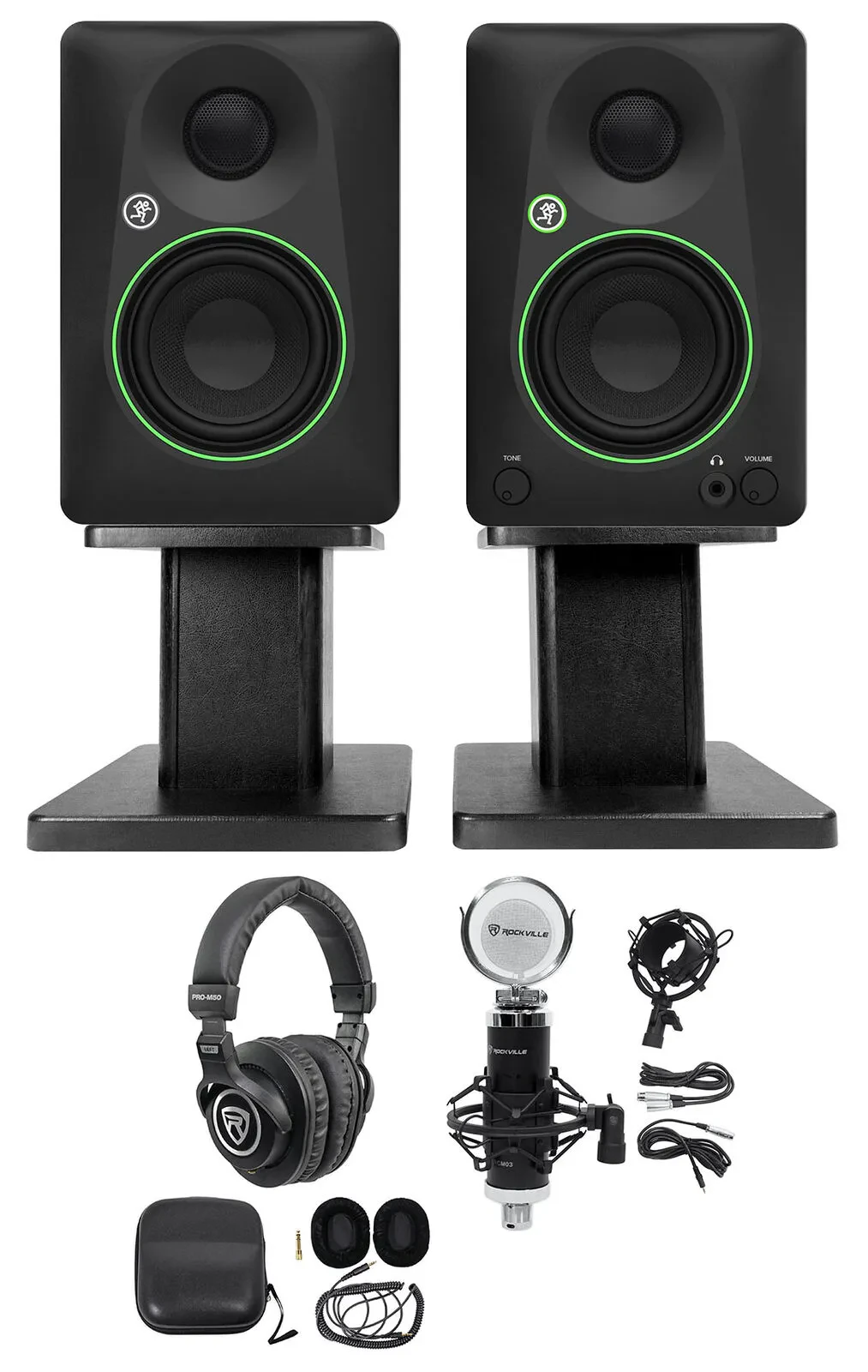 2 Mackie CR3.5 3.5" Studio Monitors w/Tone Control+Mic+Headphones+Desktop Stands