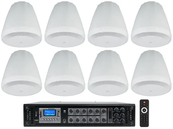 (8) JBL Control 64P/T 4" 30w Commercial 70v Hanging Pendant Speakers+Amplifier