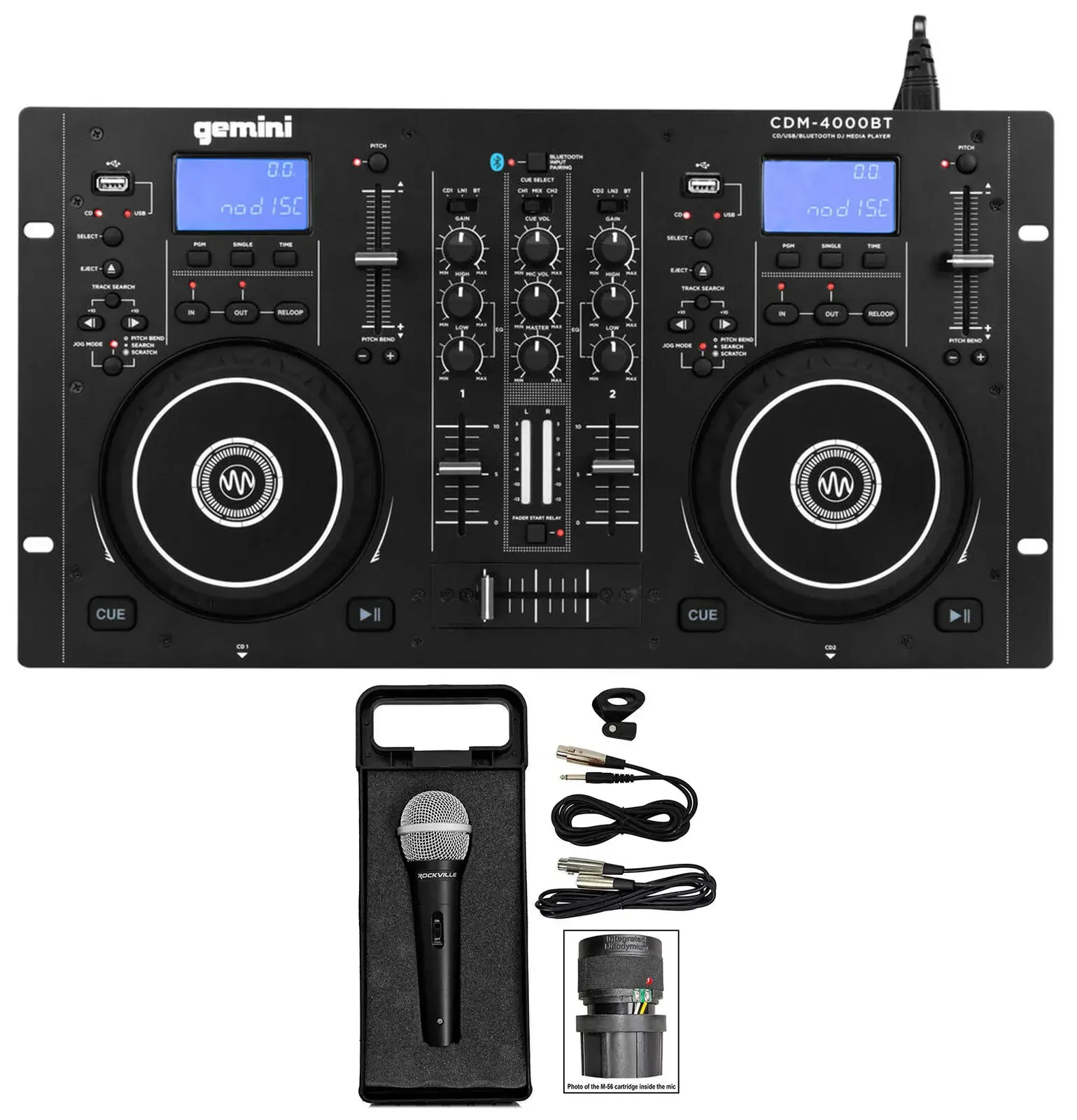 DJ-микшер Gemini CDM-4000BT с Bluetooth, CD/USB, двухдековый, с микрофоном, кабелем и кейсом