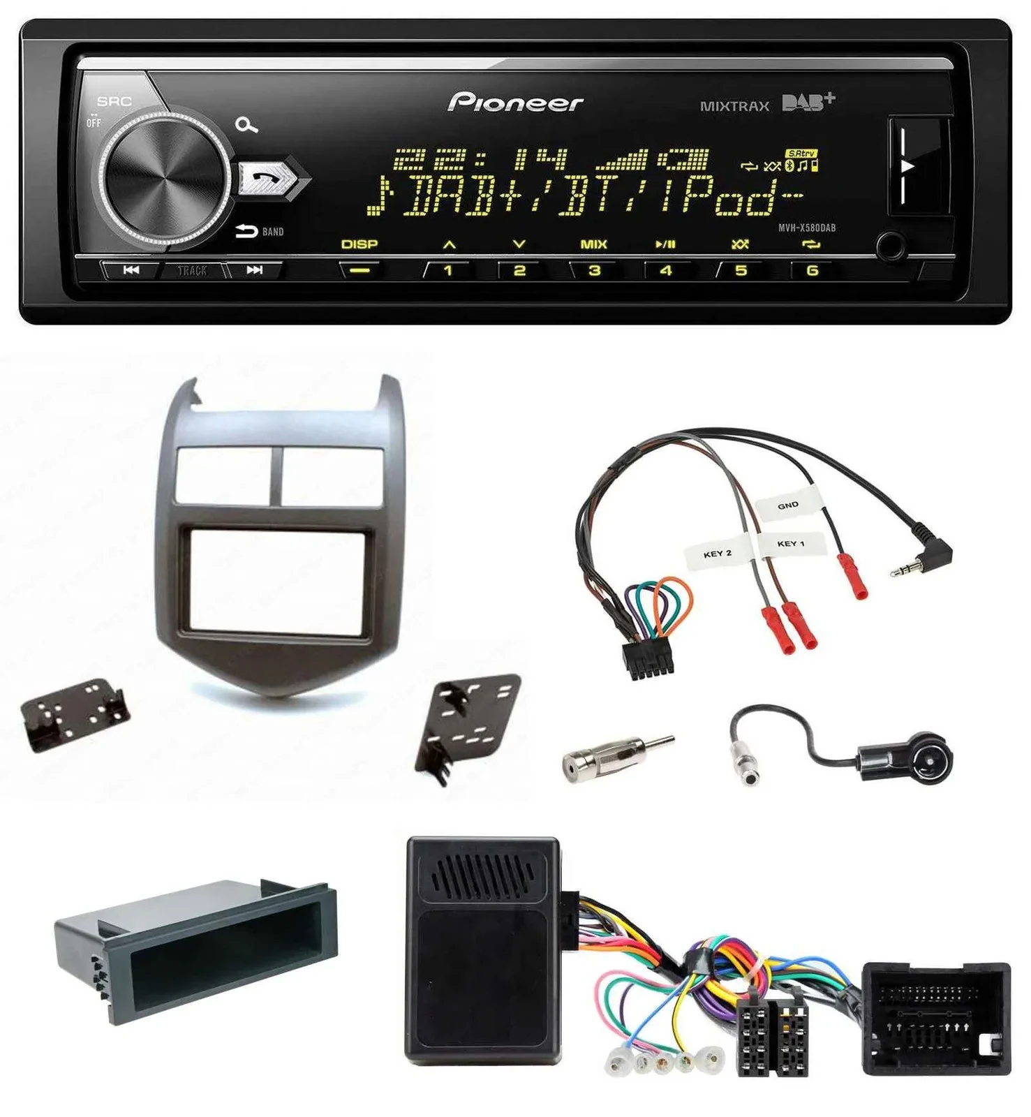 Автомагнитола для Chevrolet Aveo (с 2011) Pioneer Bluetooth, USB, DAB, поддержка управления с руля, тёмно-серая