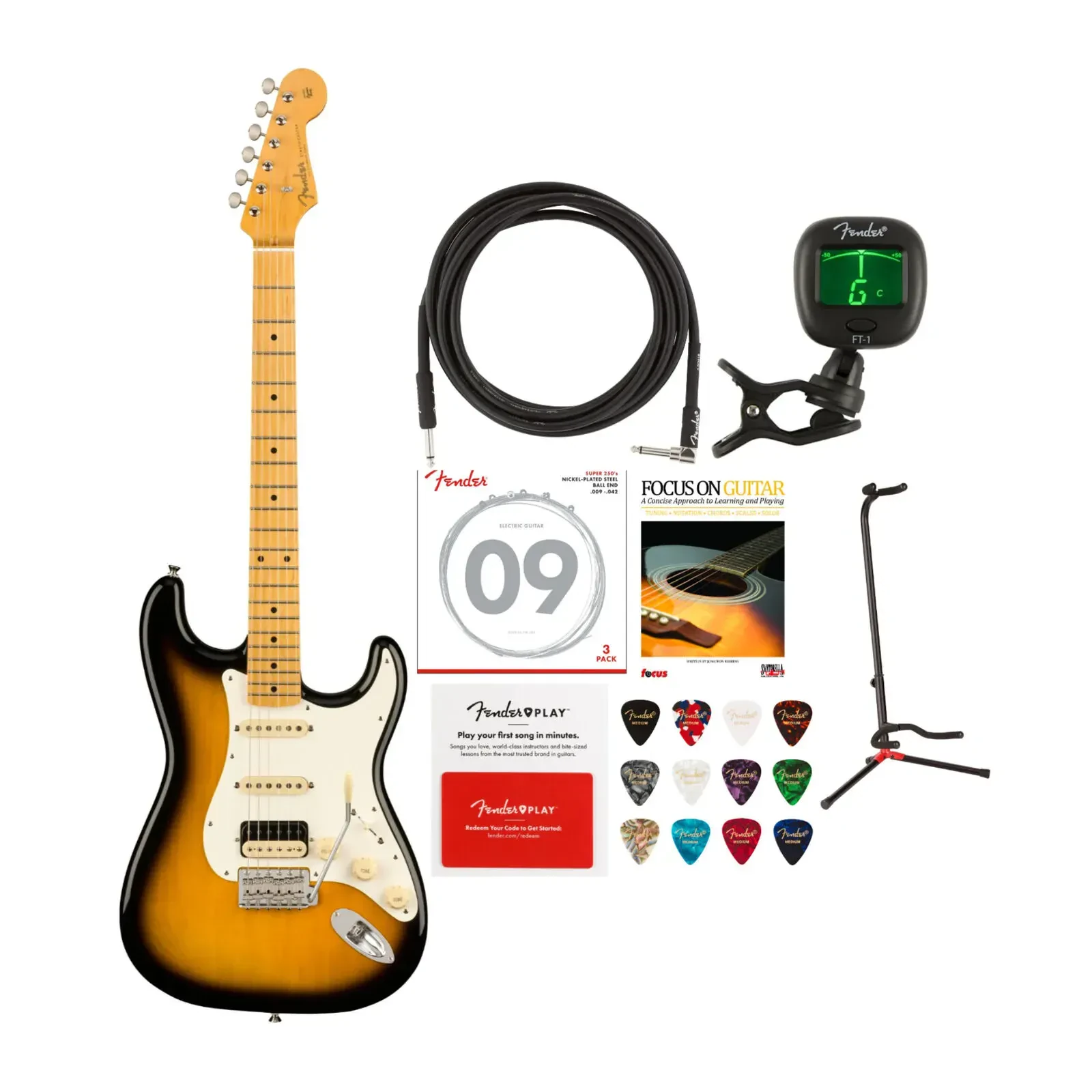 Fender JV Modified 50s Stratocaster HSS 6 String Electric Guitar Bundle