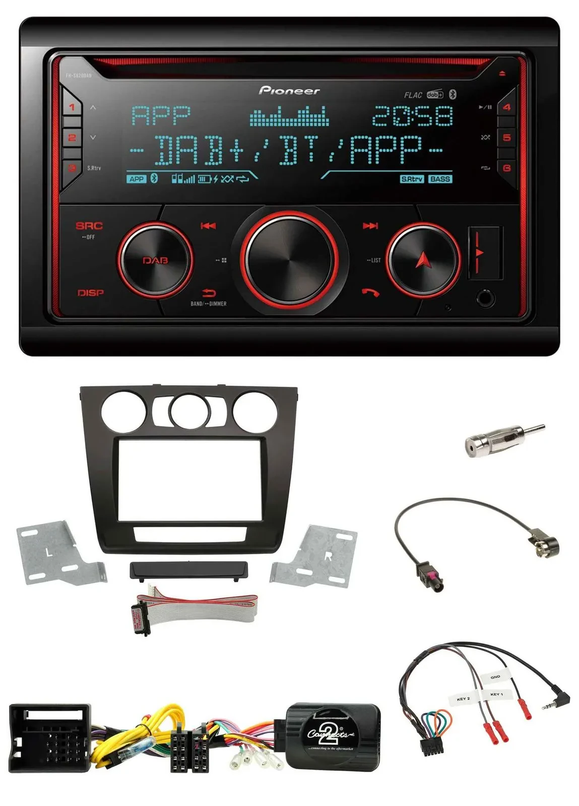 Автомагнитола для BMW 1 Series (E87, ручной климат) Pioneer 2-DIN, DAB, Bluetooth, USB, CD, поддержка кнопок на руле