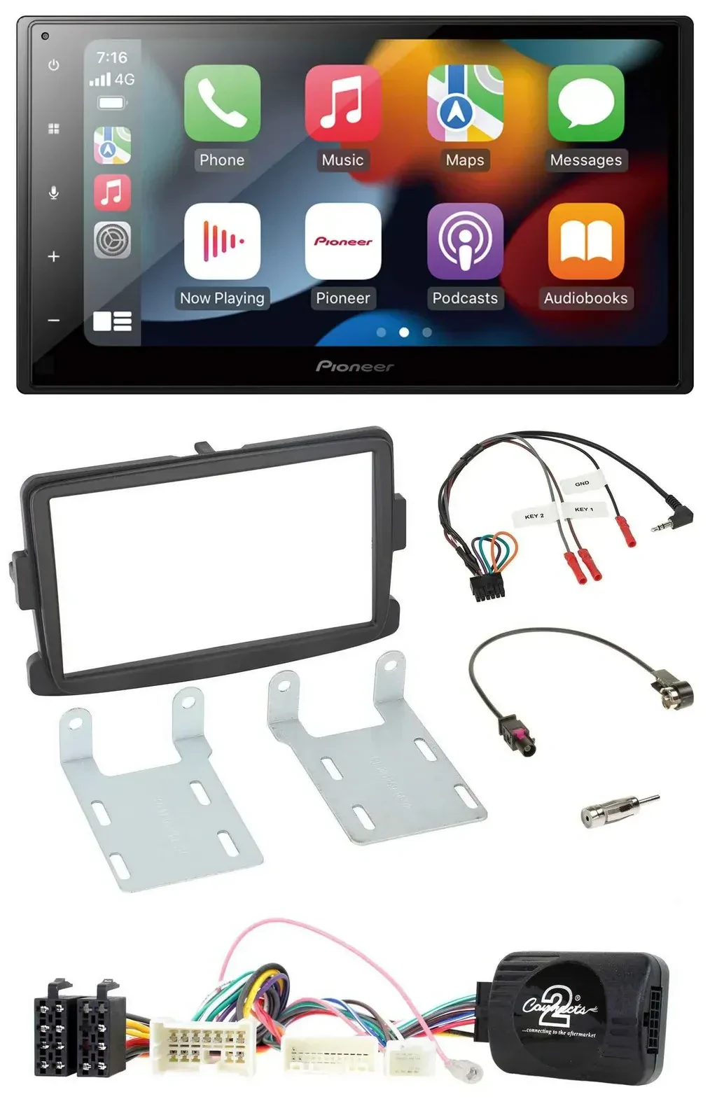 Автомагнитола для Dacia Sandero Pioneer DAB, Bluetooth, 2DIN, USB, поддержка кнопок на руле, черная