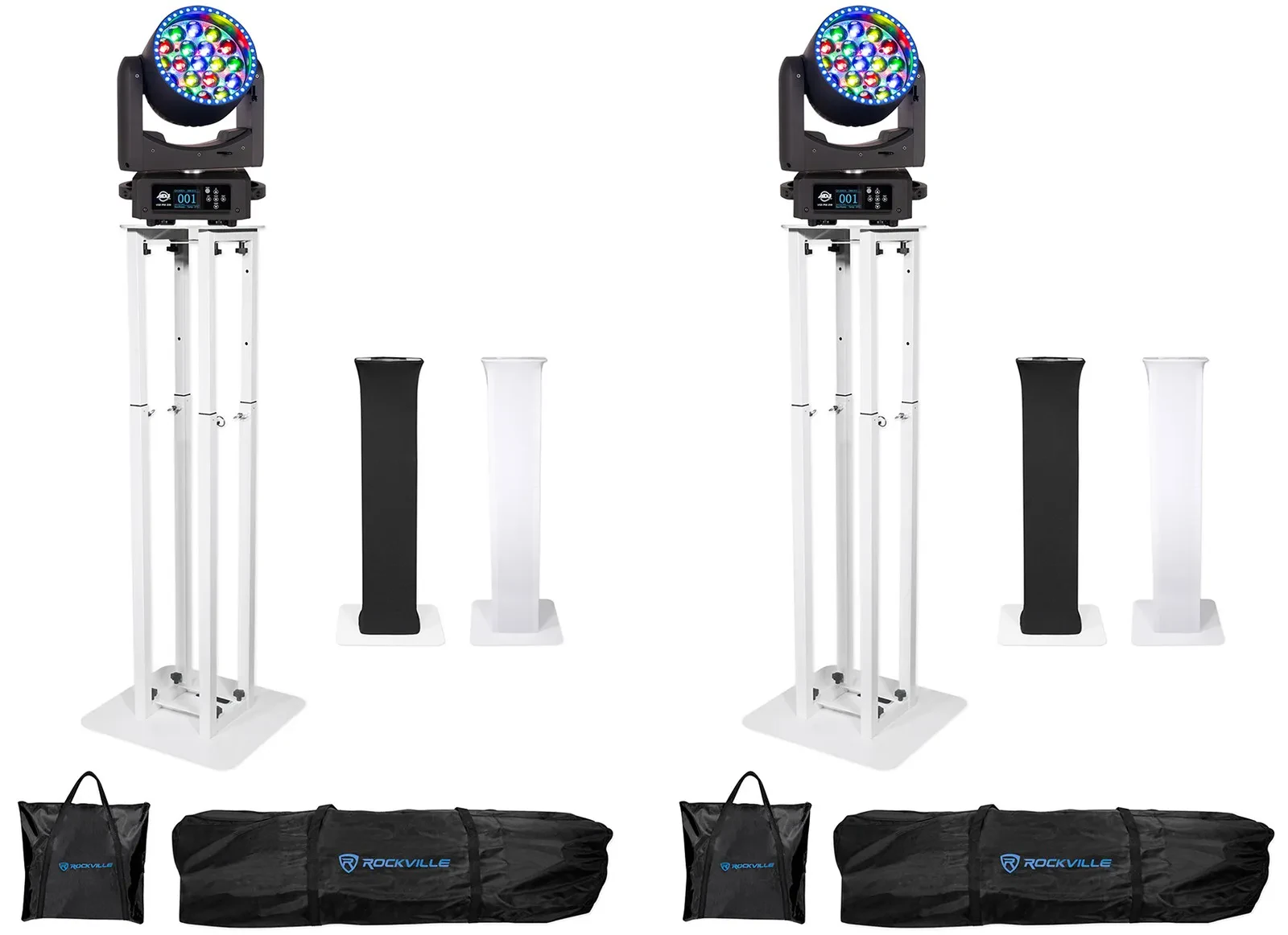 (2) American DJ Vizi Pix Z19 RGBL LED Moving Head Lights+Totem Stands+Carry Bags