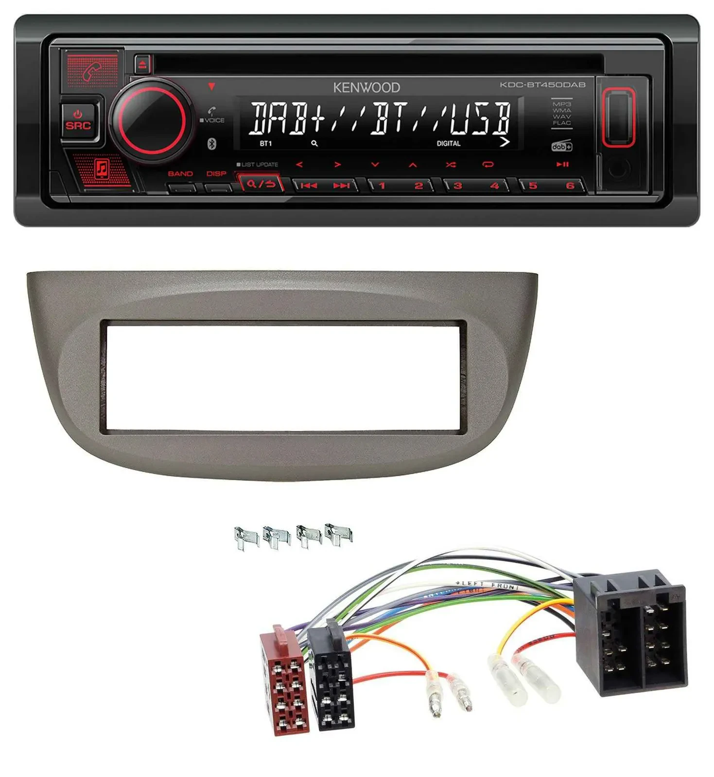 Автомагнитола Kenwood для Renault Twingo 2007–2012 CD USB Bluetooth DAB MP3 бежево-серый