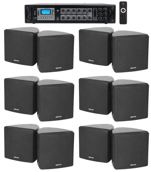 Rockville Commercial 6-Zone Bluetooth Amp+12 3.5" Black Cube Restaurant Speakers