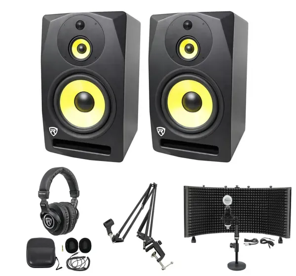 (2) Rockville DPM10B 10" 800w Active Studio Monitors+Headphones+Mic+Shield+Stand