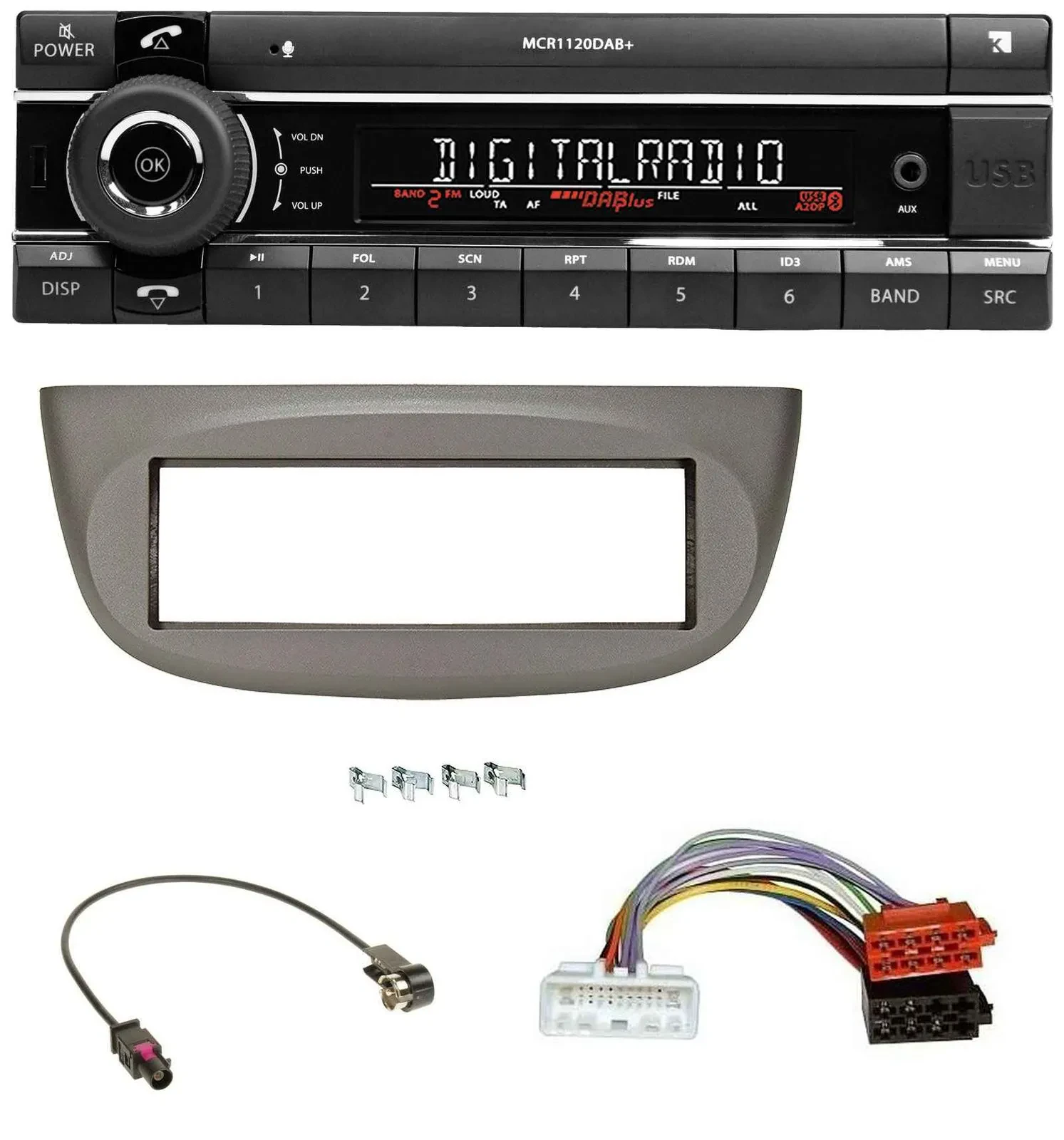 Kienzle Bluetooth MP3 USB DAB Autoradio für Renault Twingo ab 2015 beige-grau