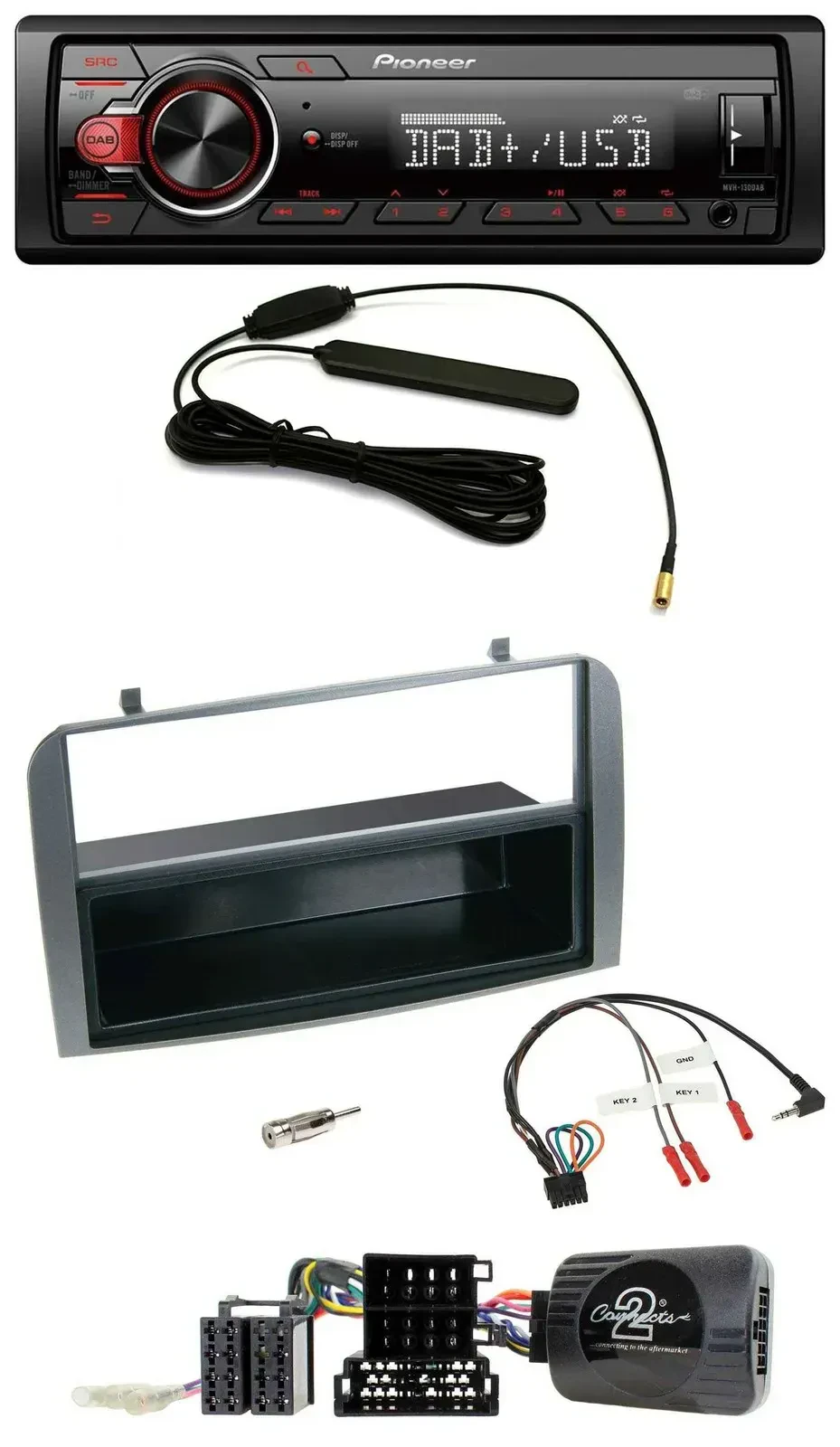 Автомагнитола для Alfa Romeo 147/GT 2007–2010 Pioneer 1 DIN, MP3, DAB, USB, антрацит, поддержка управления с руля, с карманом