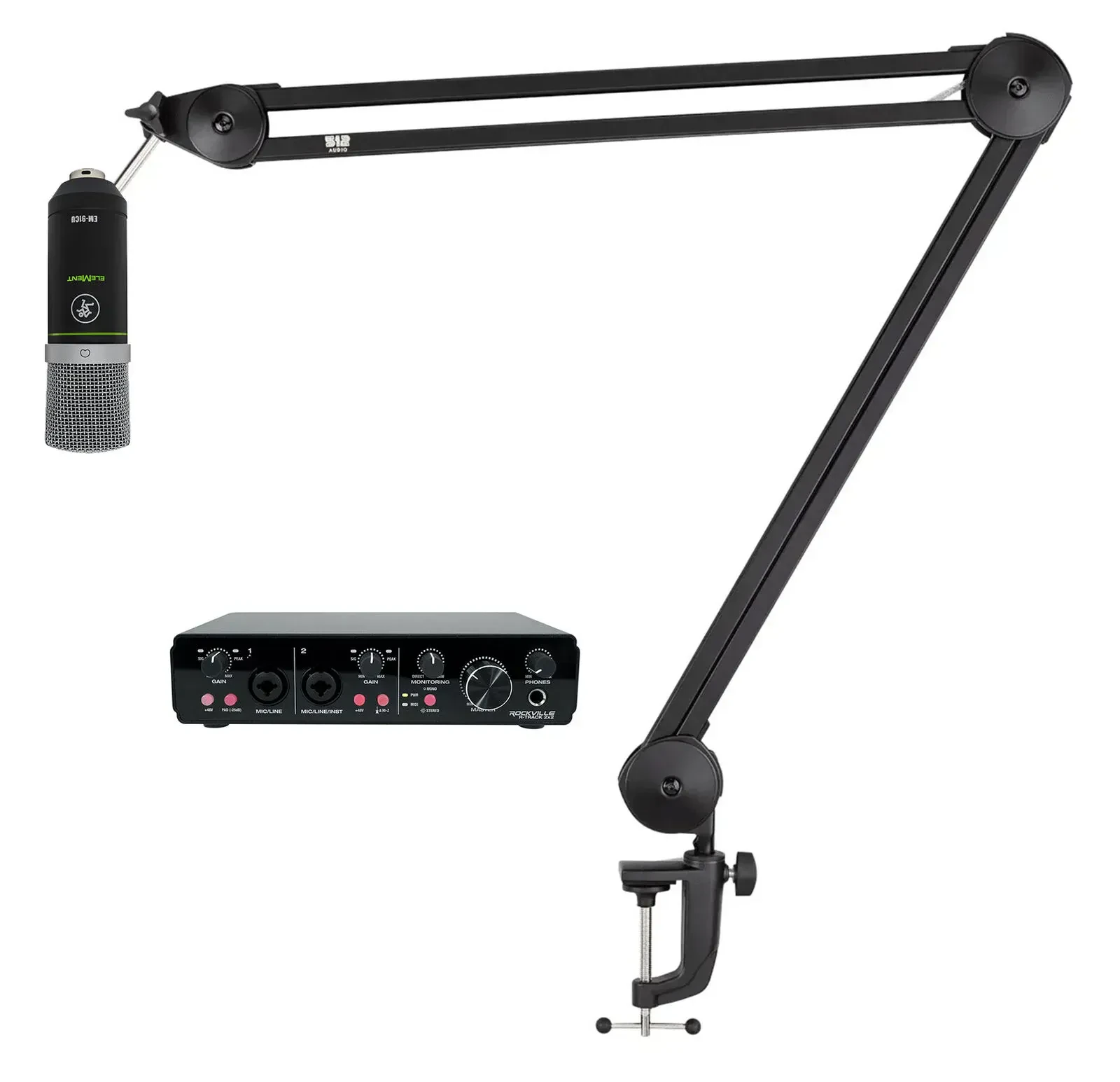 Комплект для подкастов Rockville R-TRACK 2x2+EM-91CU+Broadcast Boom Arm