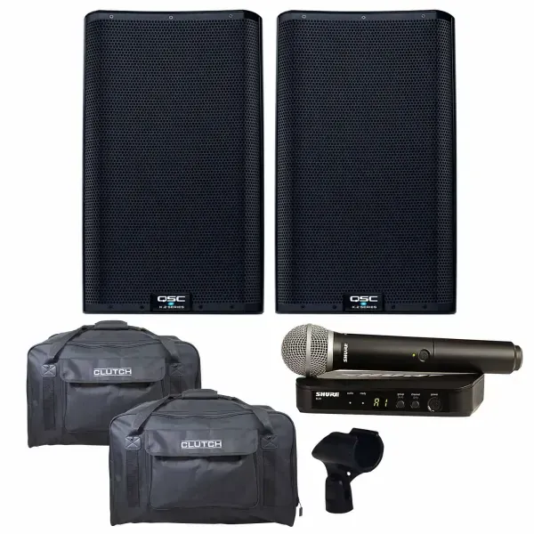 QSC K12.2 12" Powered Active Speakers w Bags & Shure BLX24/PG58 Wireless System