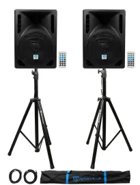 (2) Rockville RPG8BT 8" 800w Powered BlueTooth/USB DJ Speakers+Stands+Cables