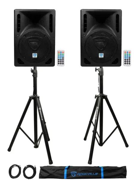 (2) Rockville RPG8BT 8" 800w Powered BlueTooth/USB DJ Speakers+Stands+Cables