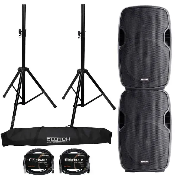 (2) Gemini AS-1500P 15" Active Speakers with Tripod Speaker Stands